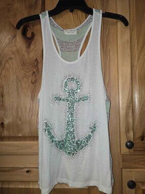 The Clas-sic Racerback Tank Top Sequins Rhinestones Anchor Made In USA Sz Small